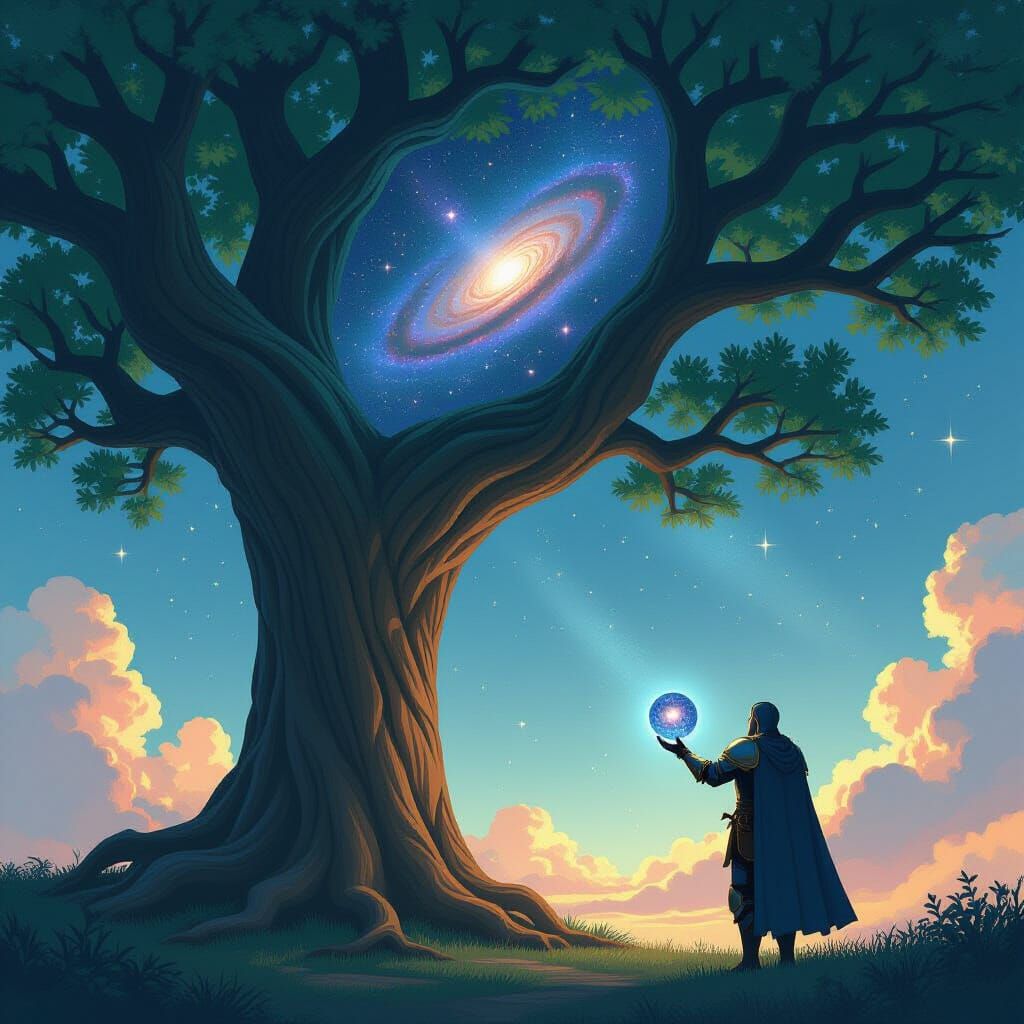 Knight Contemplates Galaxy by Ancient Cosmic Tree