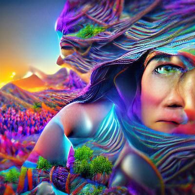 Epic Woman on Landscape in Psychedelic Holographic Style