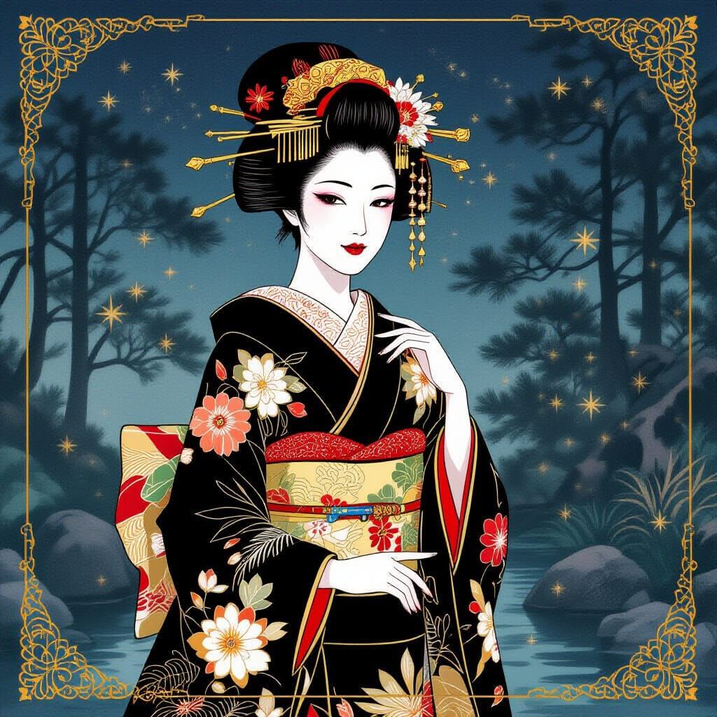 Geisha in Twilight Garden with Gold Accents