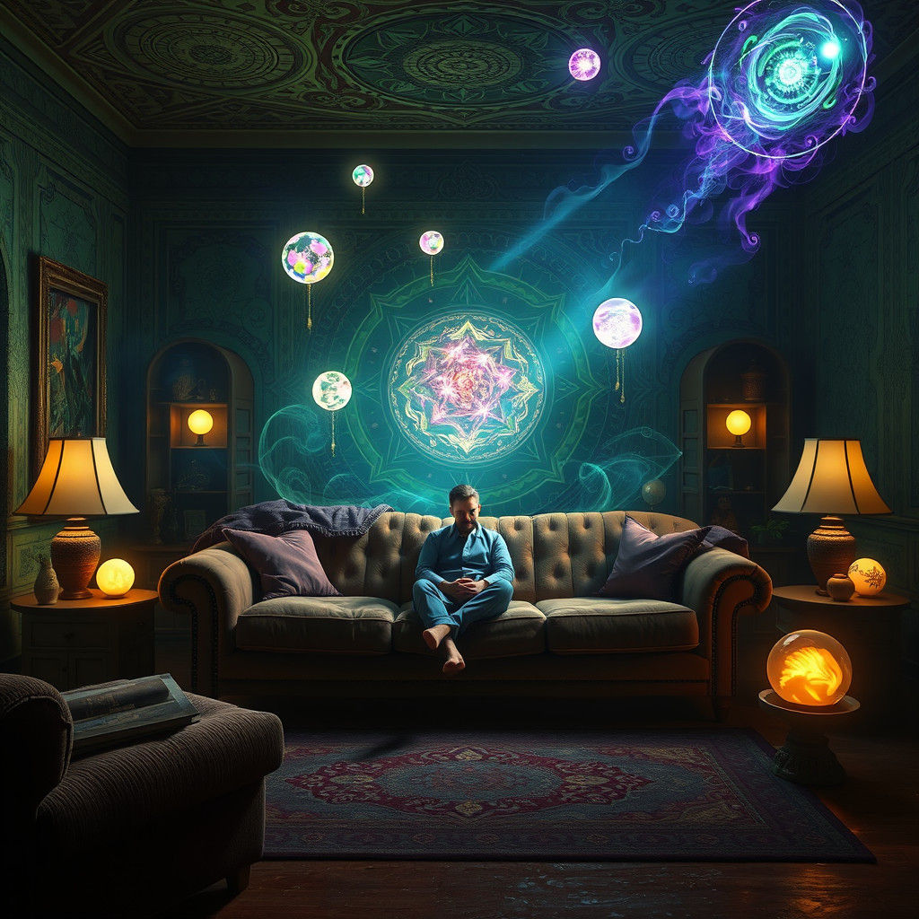 Mystical Living Room with Glowing Orbs, Matte Painting