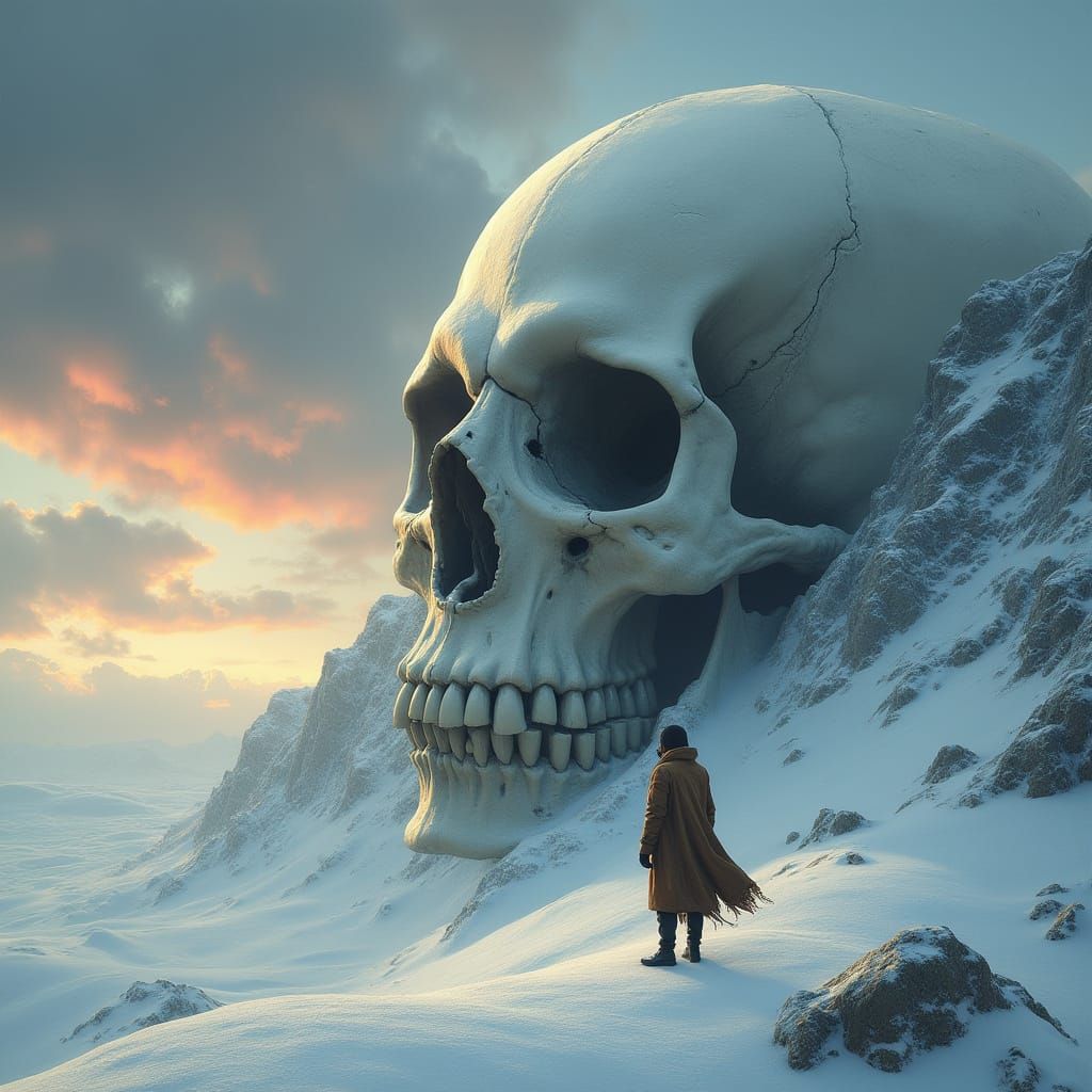 Colossal Skull in Frozen Landscape with Figure