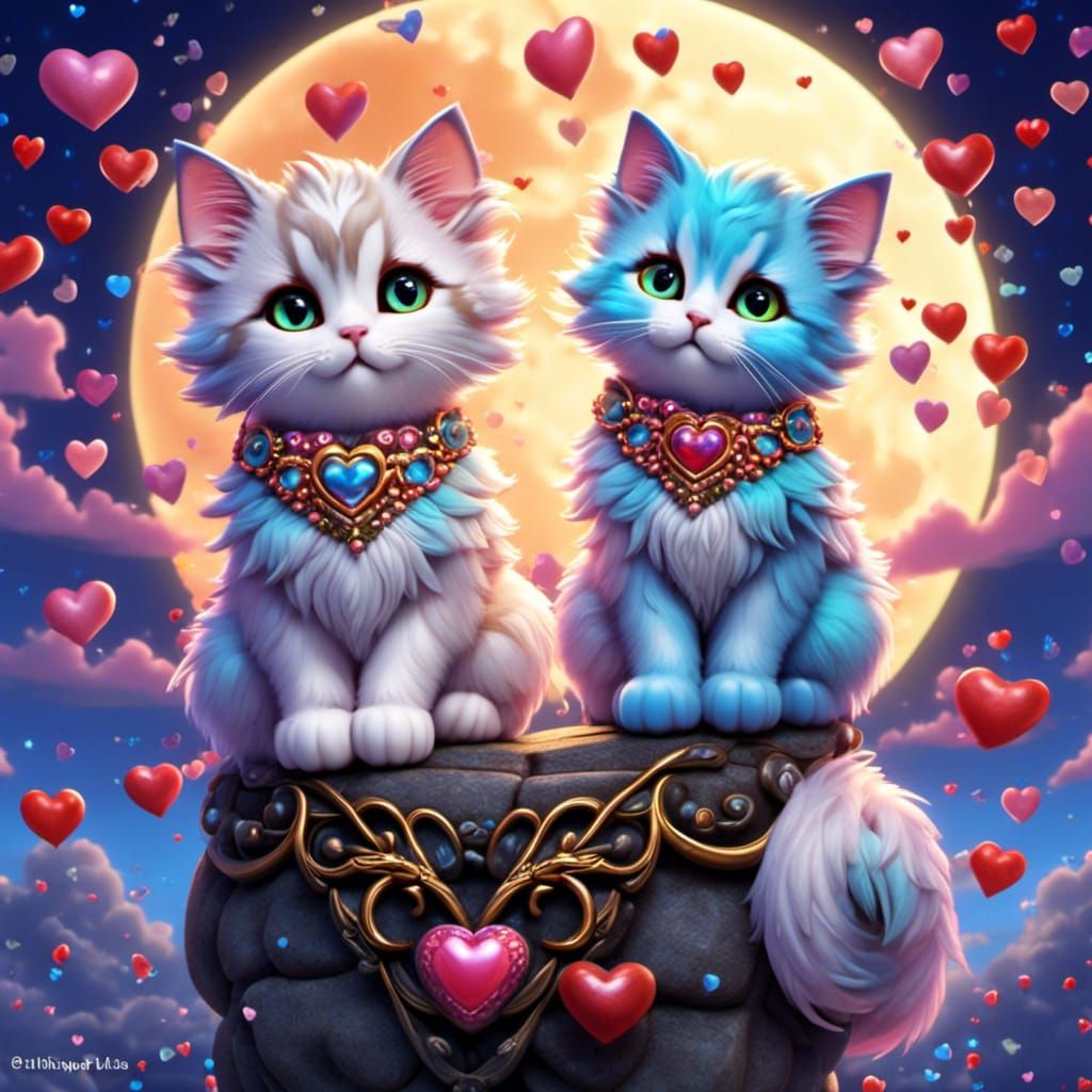 Surreal Cat Friends Under Full Moon