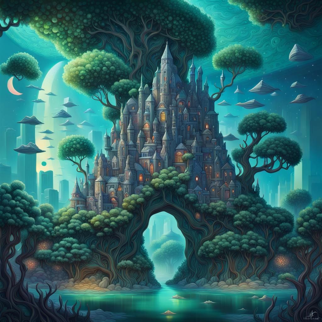 Atlantis-like Cityscape with Emerald Eye, Digital Painting