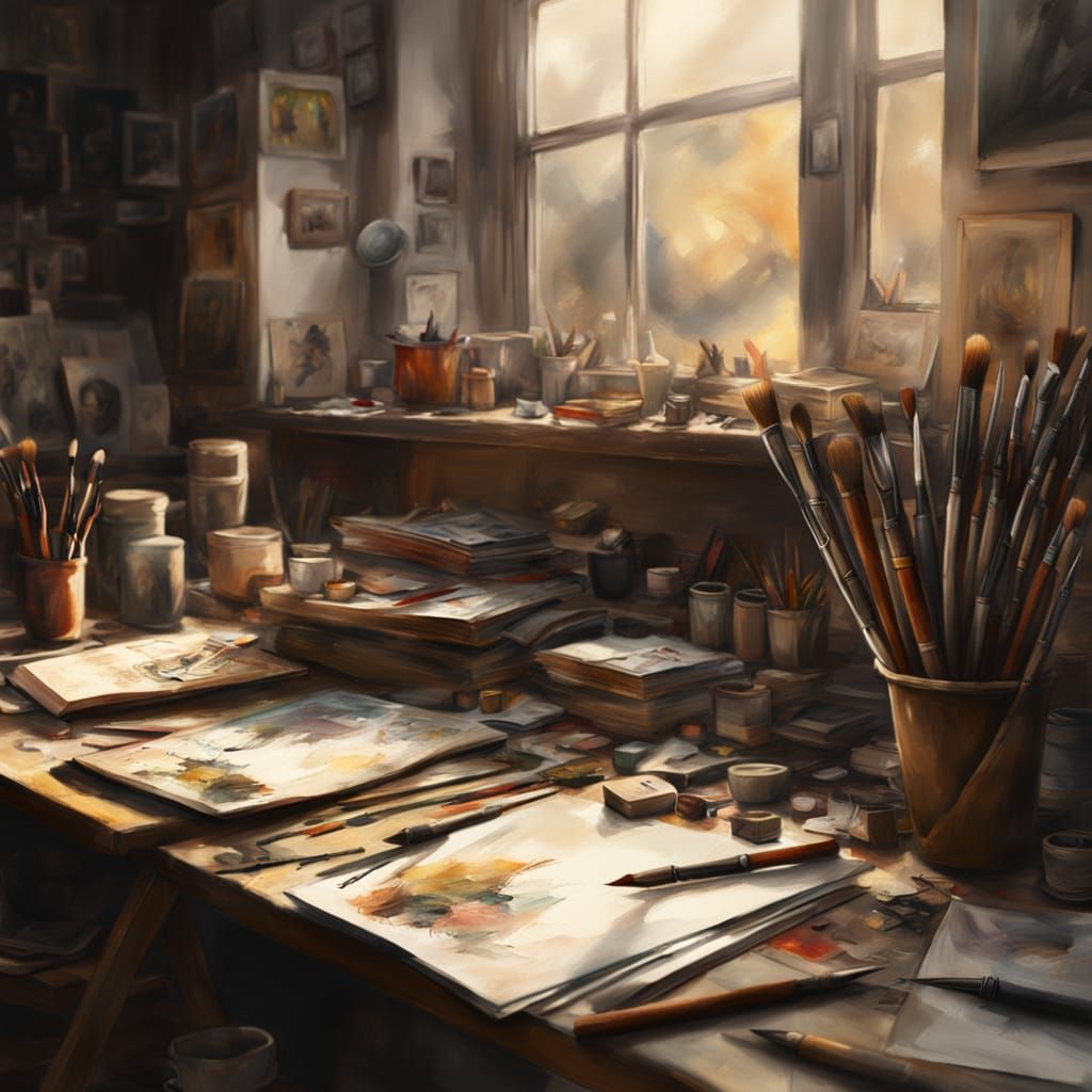 Artist's Workspace in Warm, Earthy Tones with Expressive Bru...