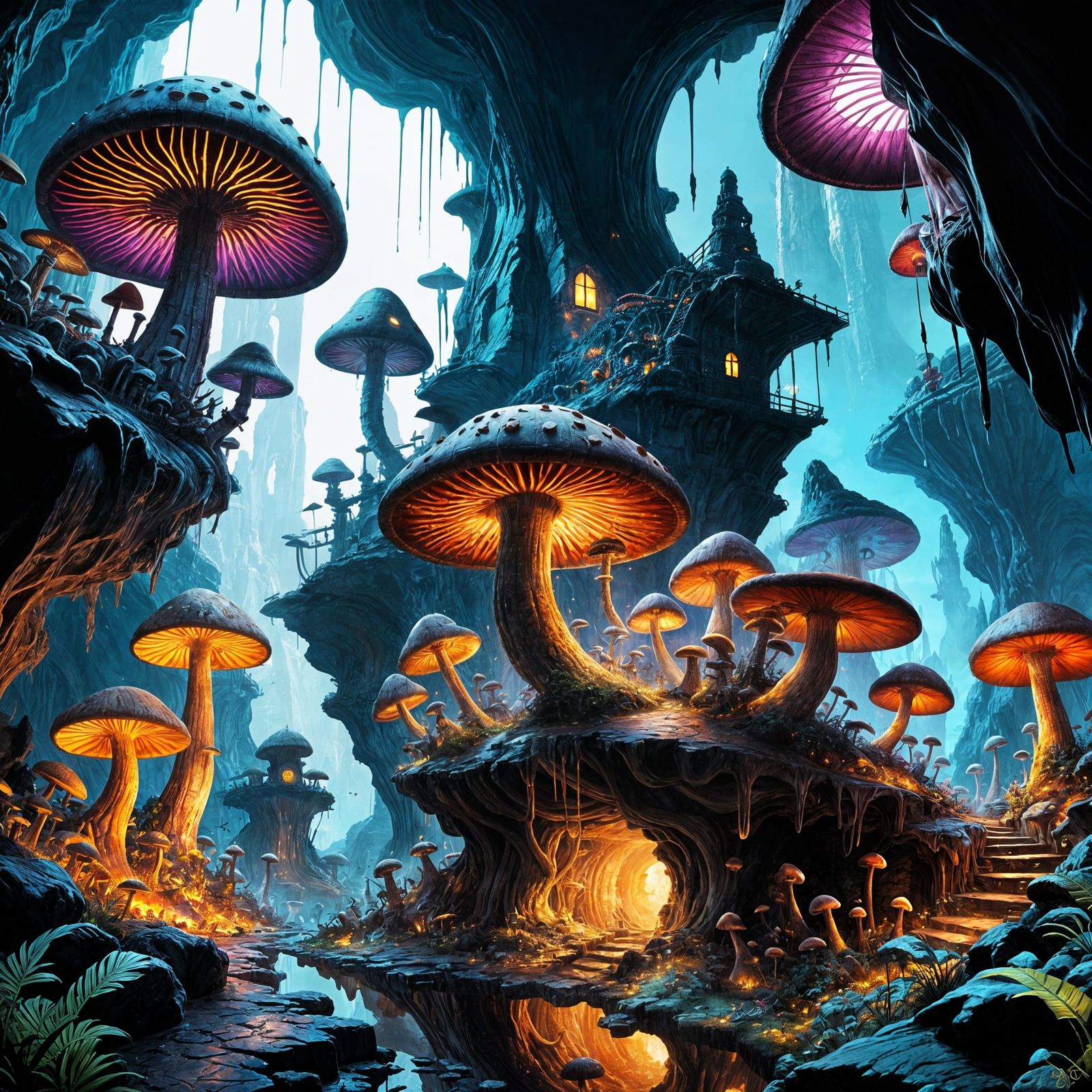 Fantasy Mushroom Metropolis in an Underground Cave
