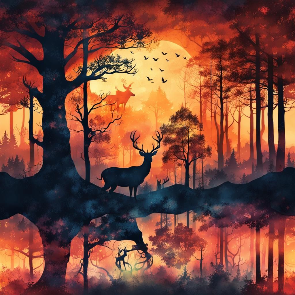 Deer in Forest at Sunset: Ink Painting Style