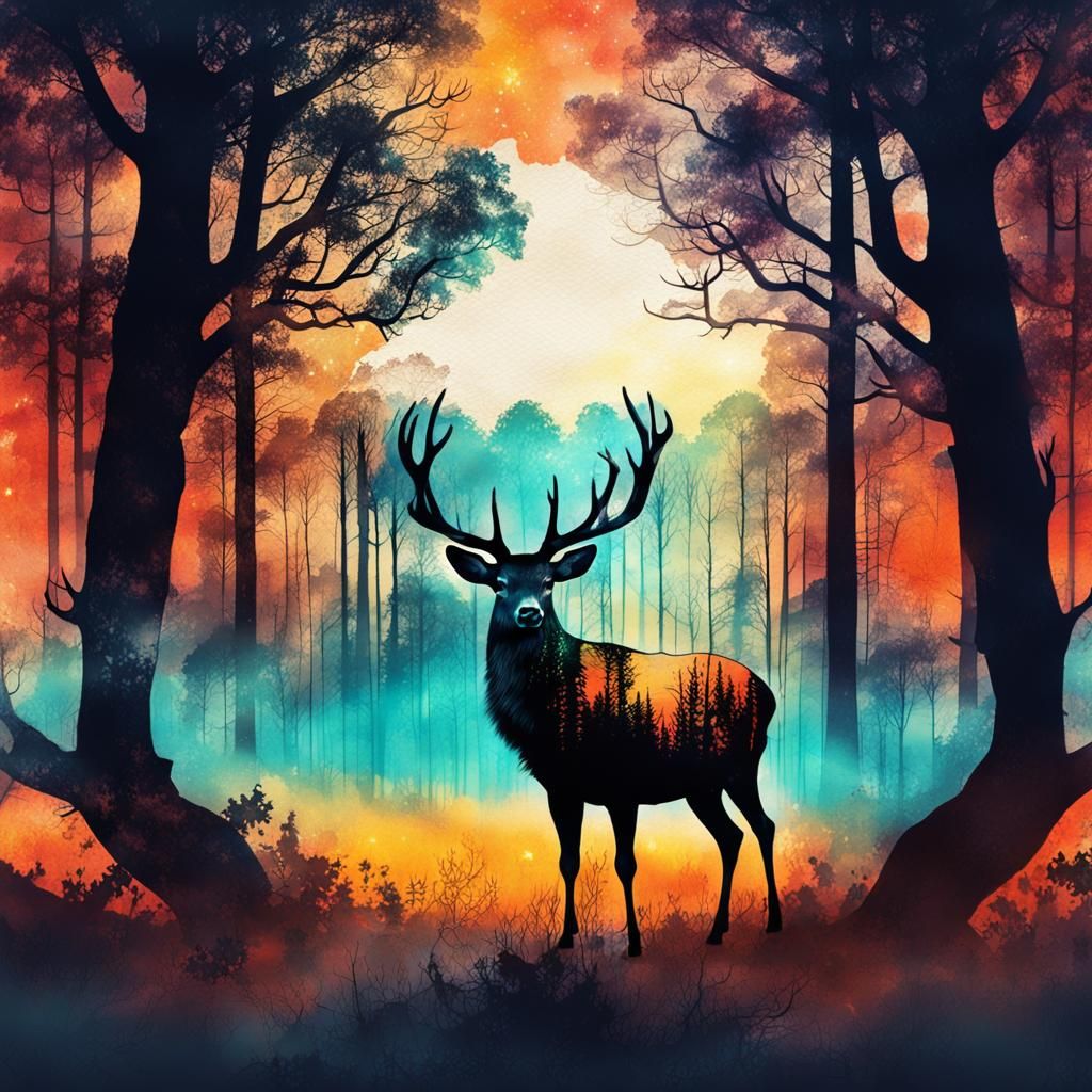 Deer in Forest at Night: Double Exposure Ink Painting