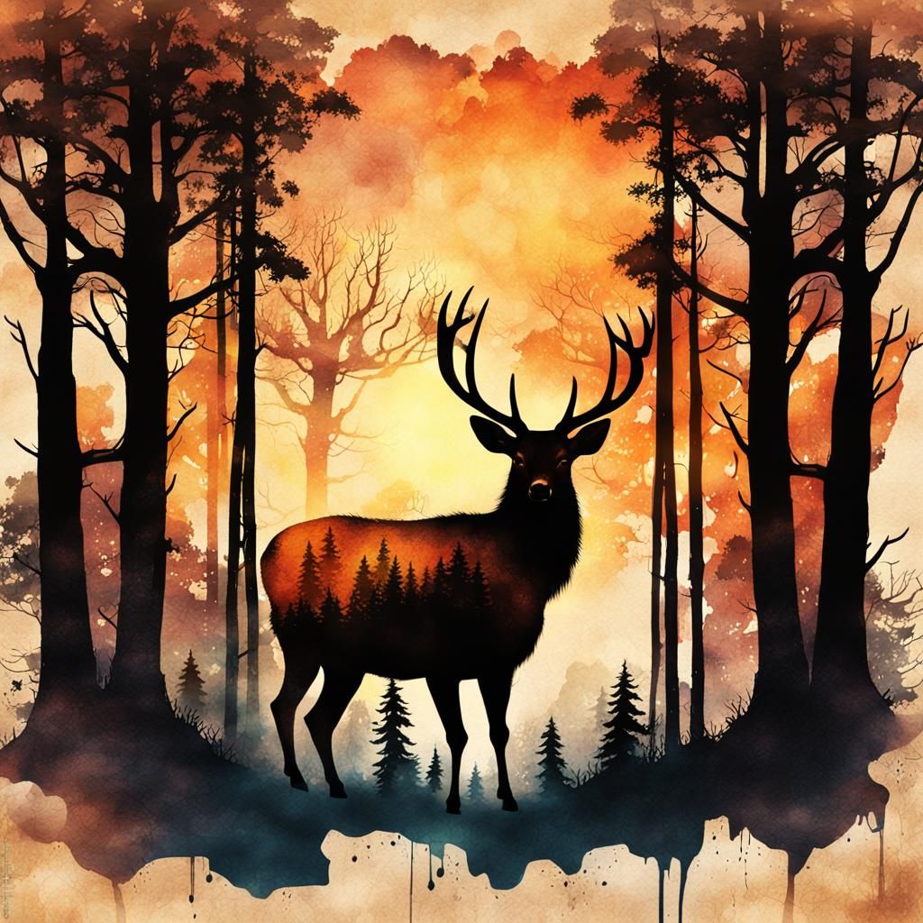 Double Exposure Deer in Forest Ink Painting