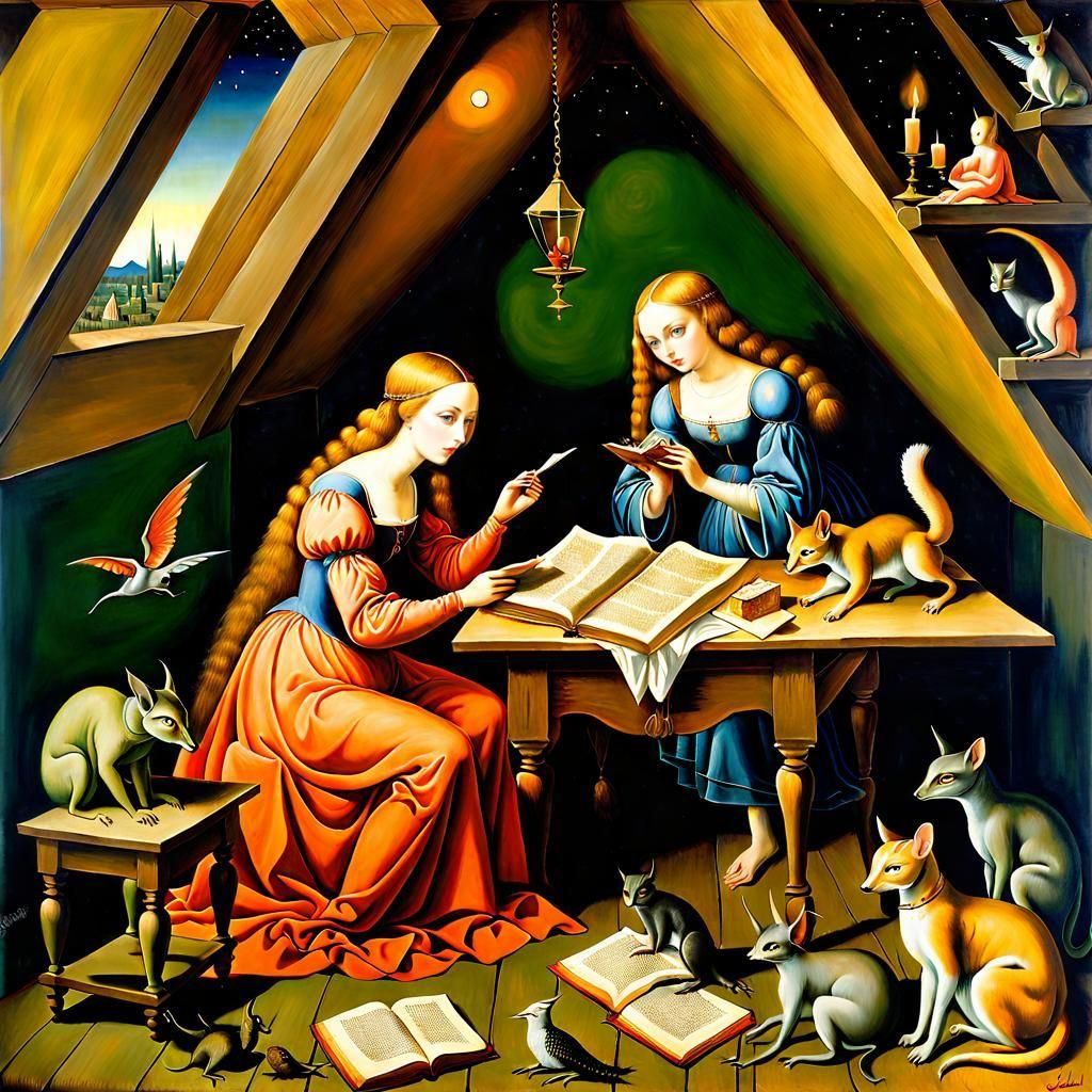 Medieval Ladies Reading Letters in Surreal Attic
