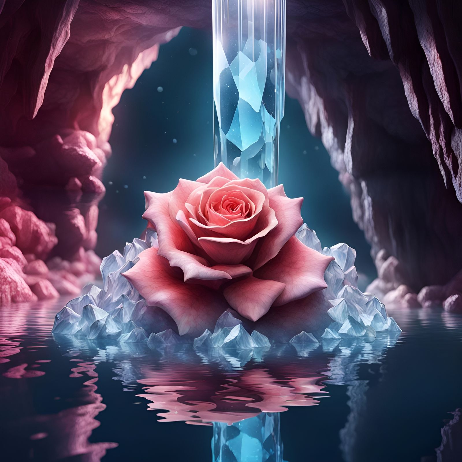 Rose Crystal Cave with Flickering Water: Hyperrealistic Spla...