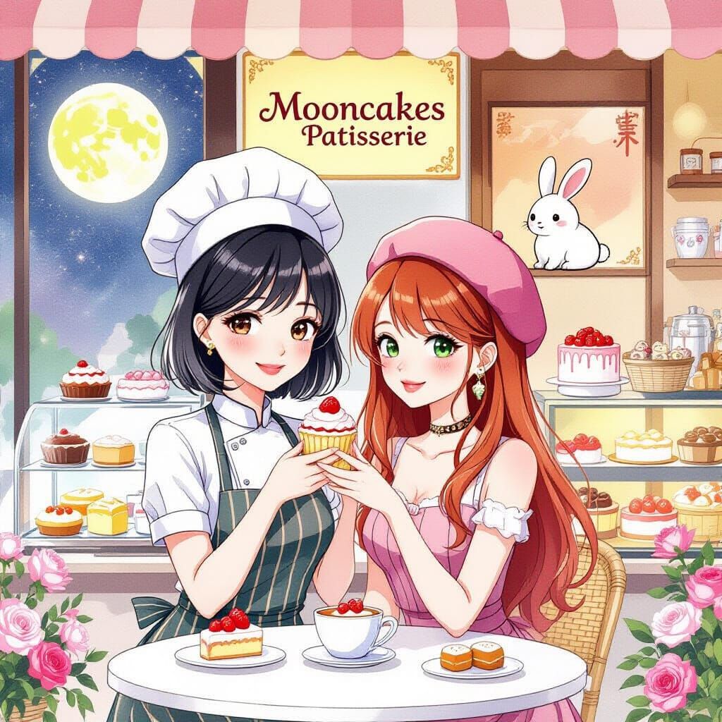 Two Women Working at Cute Mooncakes Patisserie in Manga Styl...