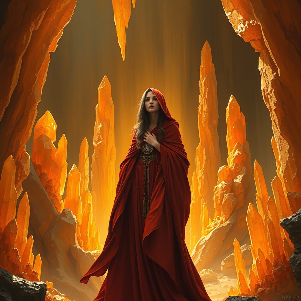 Surreal Priestess Surrounded by Orange Crystal Formations in...