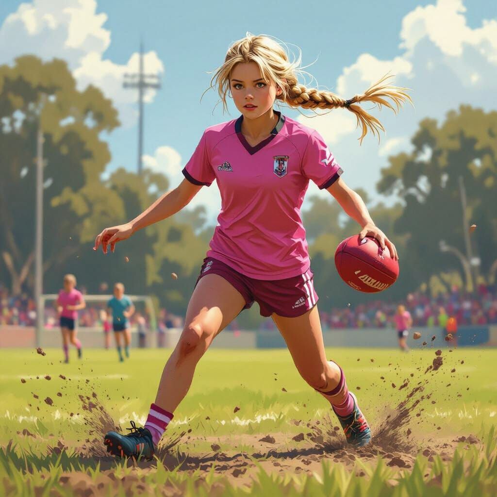 Girl Playing Footy on Muddy Field, Digital Art