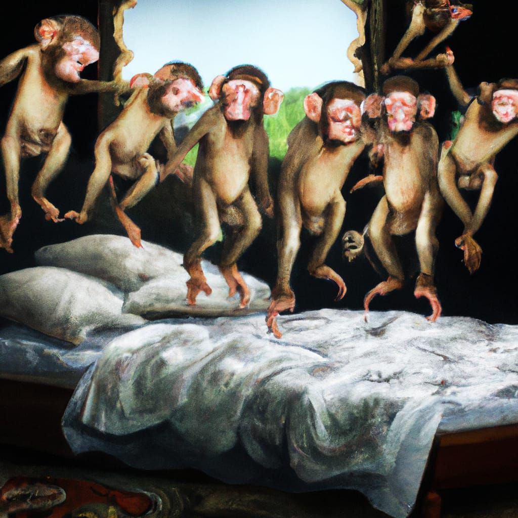 Monkeys Jumping on Bed in Photorealistic Surrealism