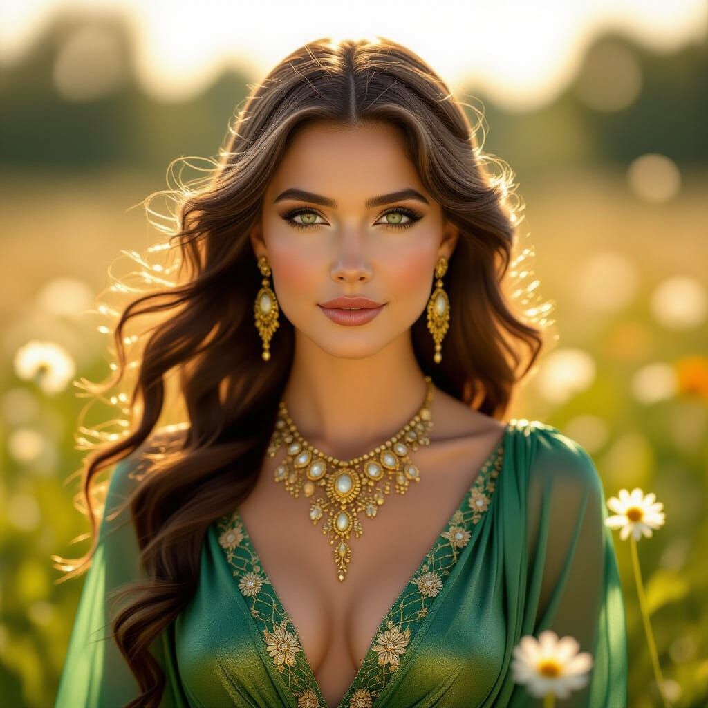 Goddess in Sunlit Meadow, Hyperrealistic Digital Art