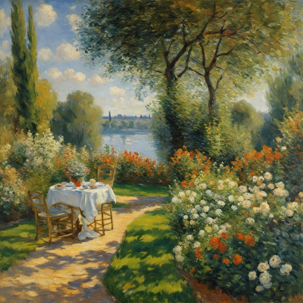 Idyllic Garden Breakfast in Impressionism Style