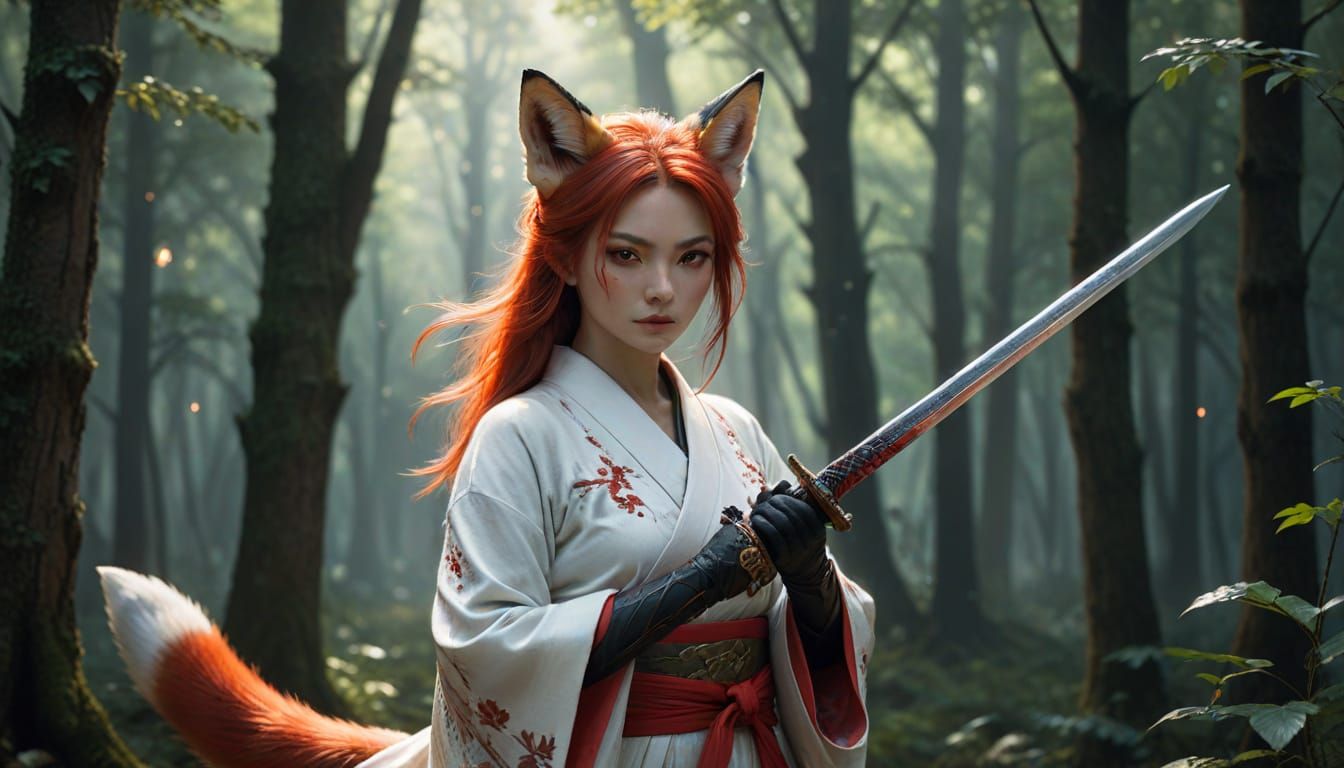 Fantasy Fox-Eared Warrior in Enchanted Forest