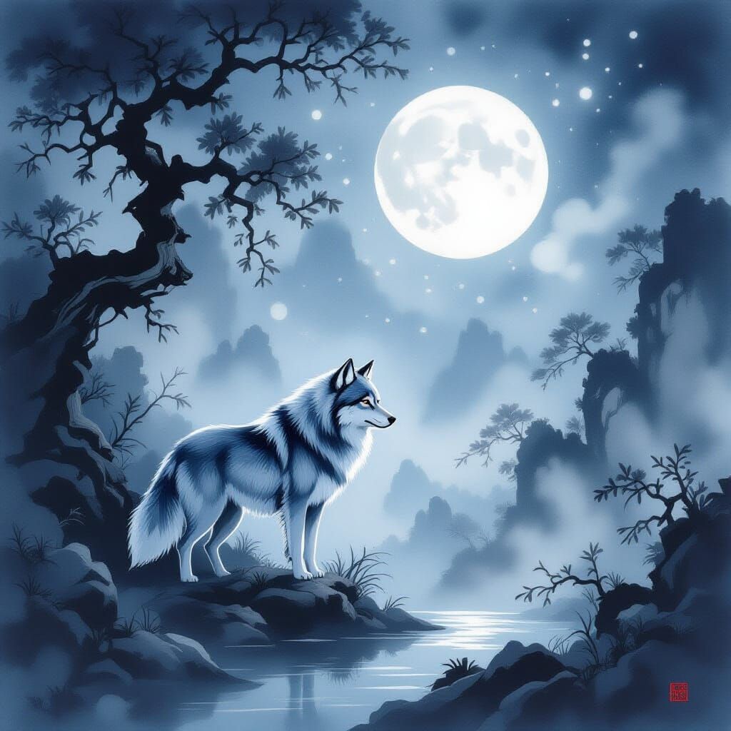 Majestic Wolf in Moonlit Forest, Chinese Ink Wash Style