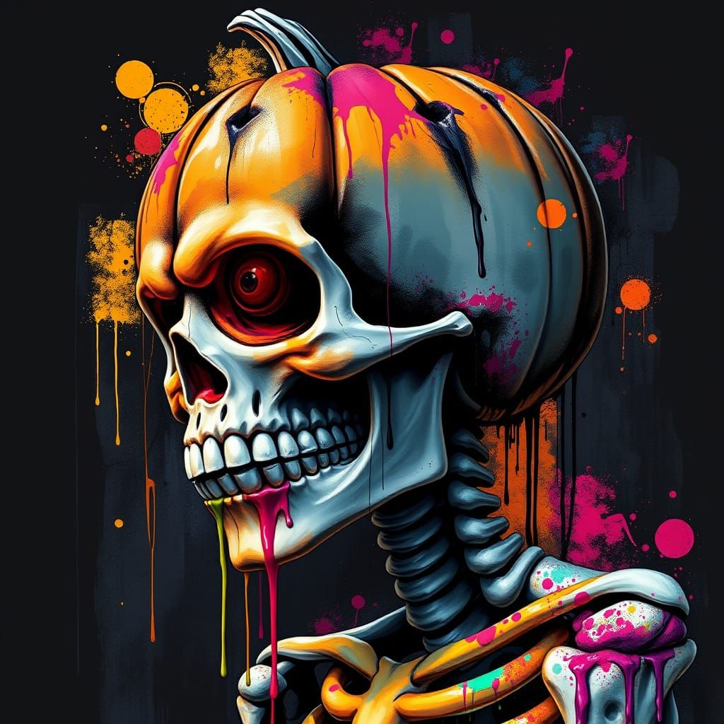 Skeleton with Jack-o'-Lantern Head in Graffiti Art Style
