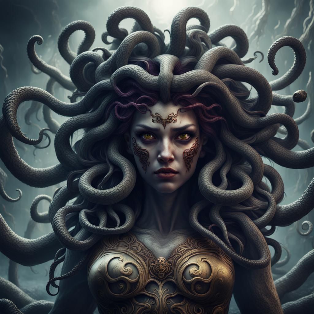 Sinister Medusa with Evil Smile: Detailed Matte Painting