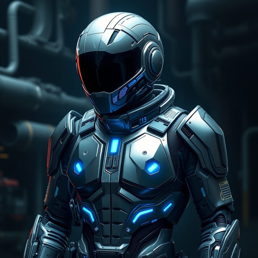 Futuristic Exosuit with Glowing Blue Accents