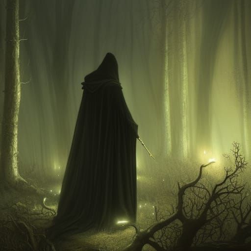 Gothic Figure in Forest Under Starry Night