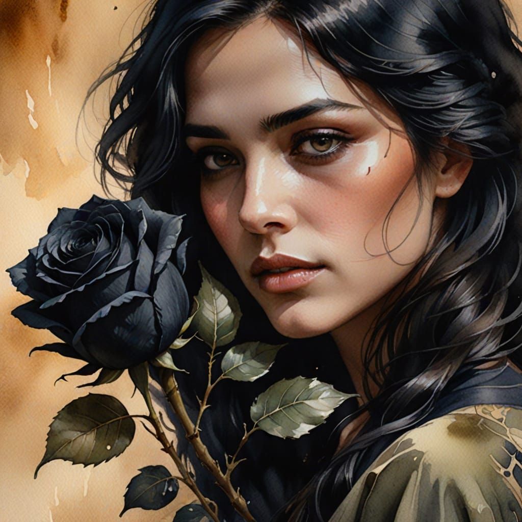 Mysterious Woman with Rose: Watercolor Portrait