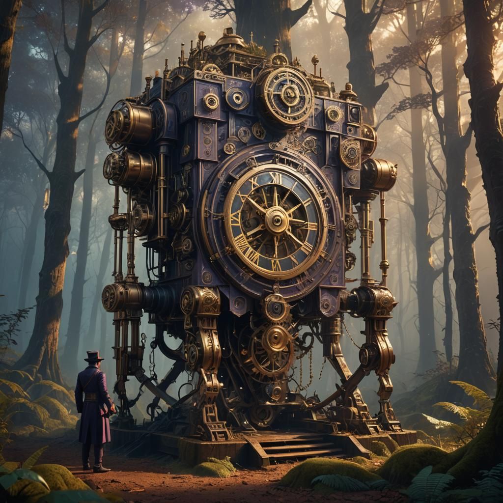 Clockwork Automaton in Mystical Forest, Fantasy Concept Art
