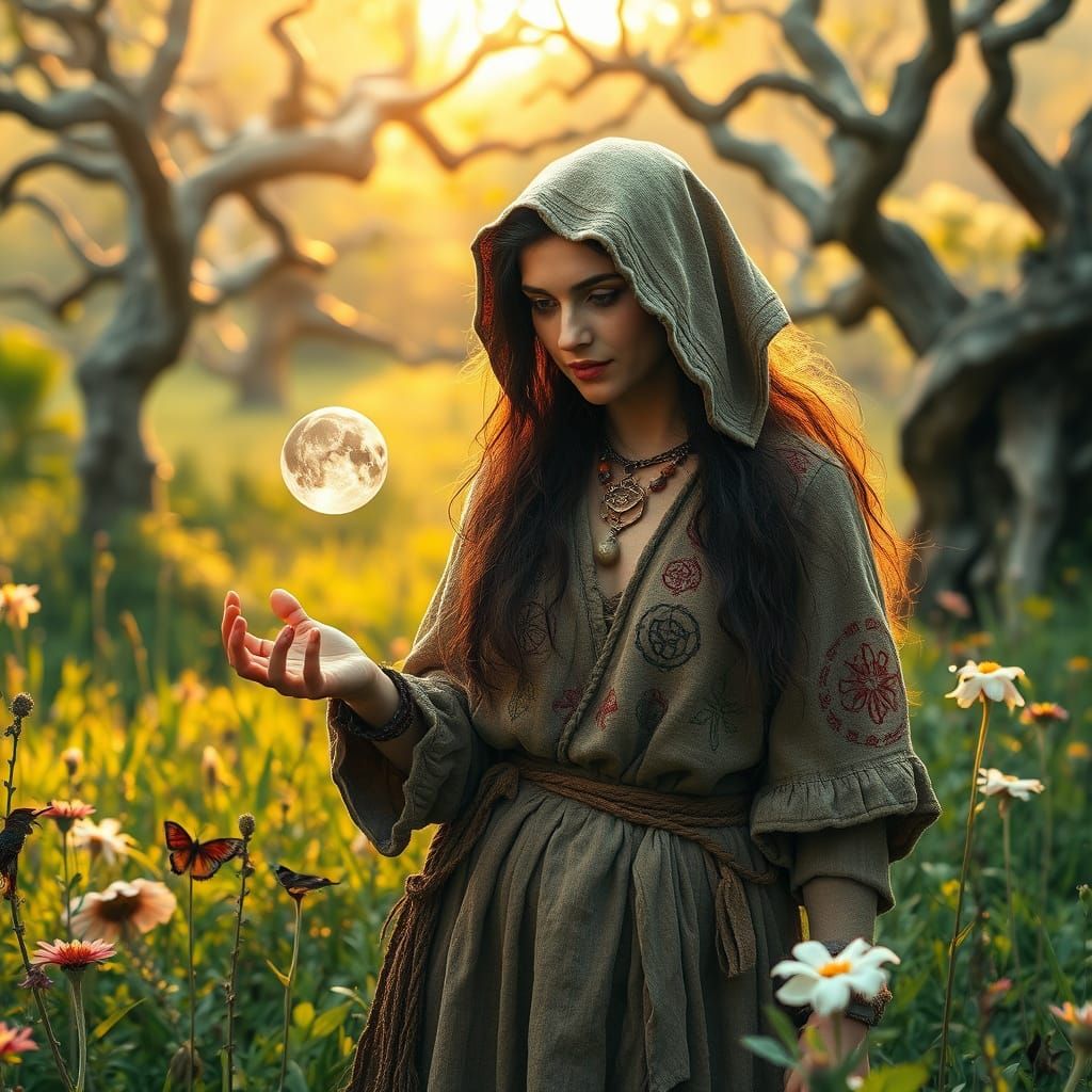 Mystical Sorceress Amidst Ancient Trees
