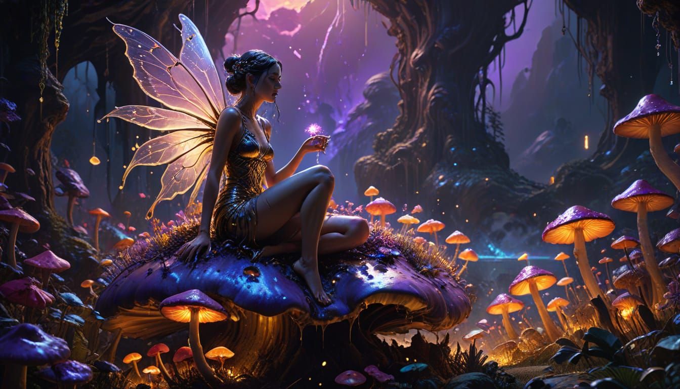 Whimsical Fairy Adorned Mushroom in Vibrant Oil Painting