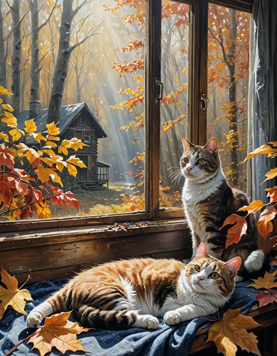 Cozy Cabin: Cat Sunbathing in Moody Oil Painting