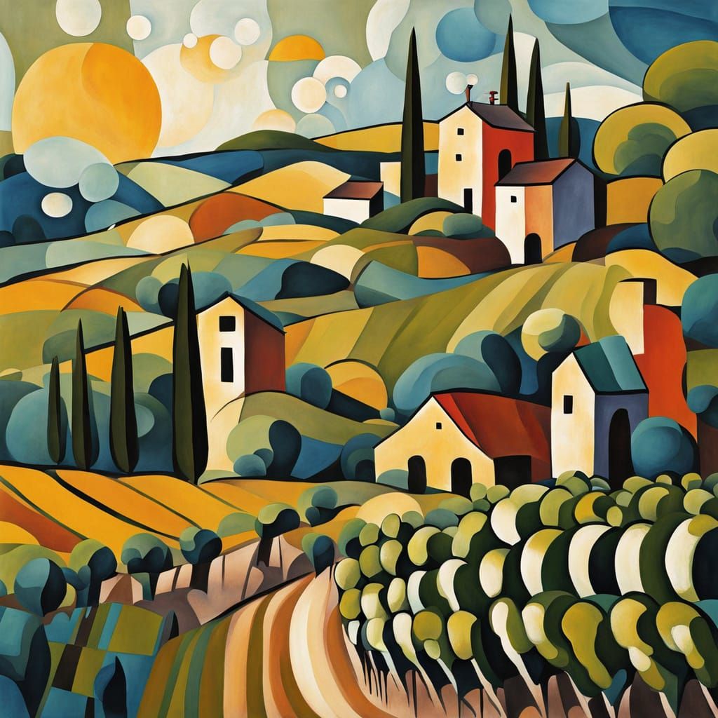 Vineyard Landscape in Picasso-Inspired Style