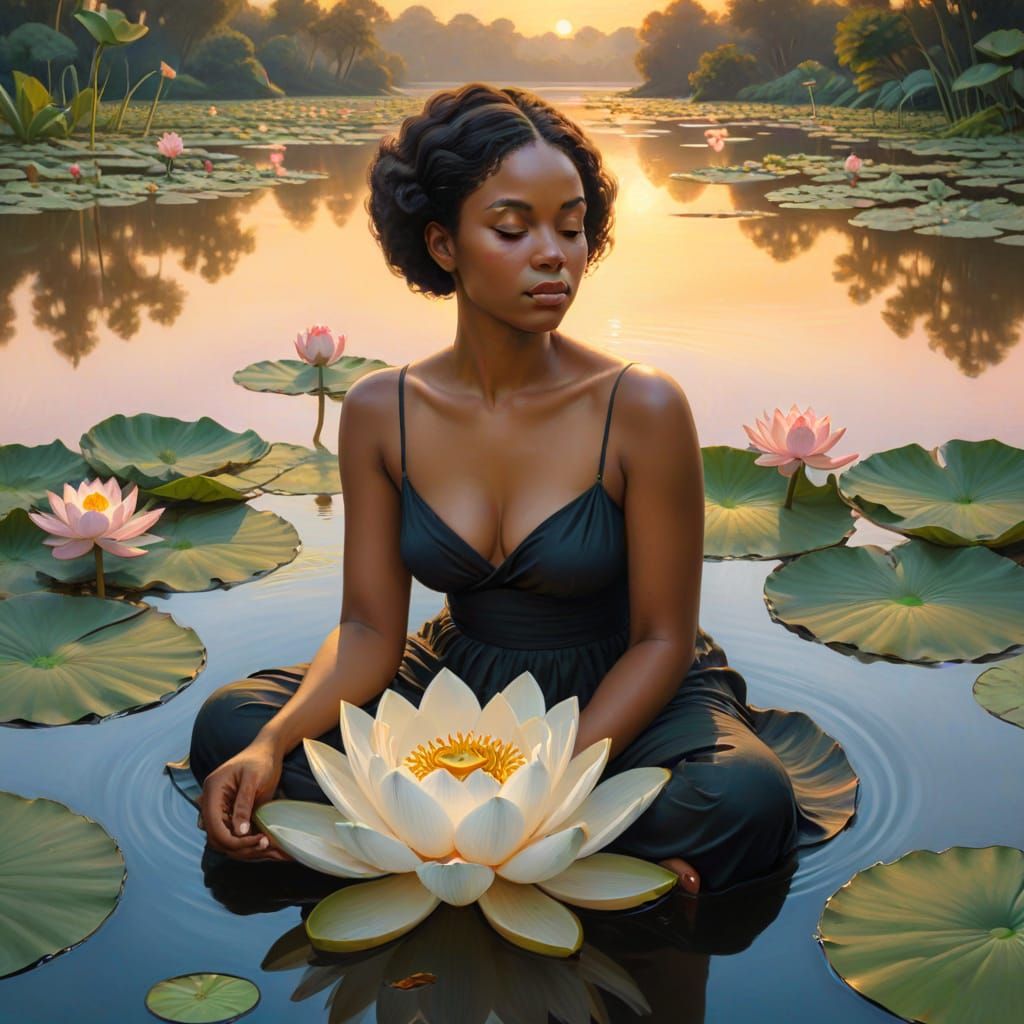 Black Woman on Lotus Flower in Botero Style