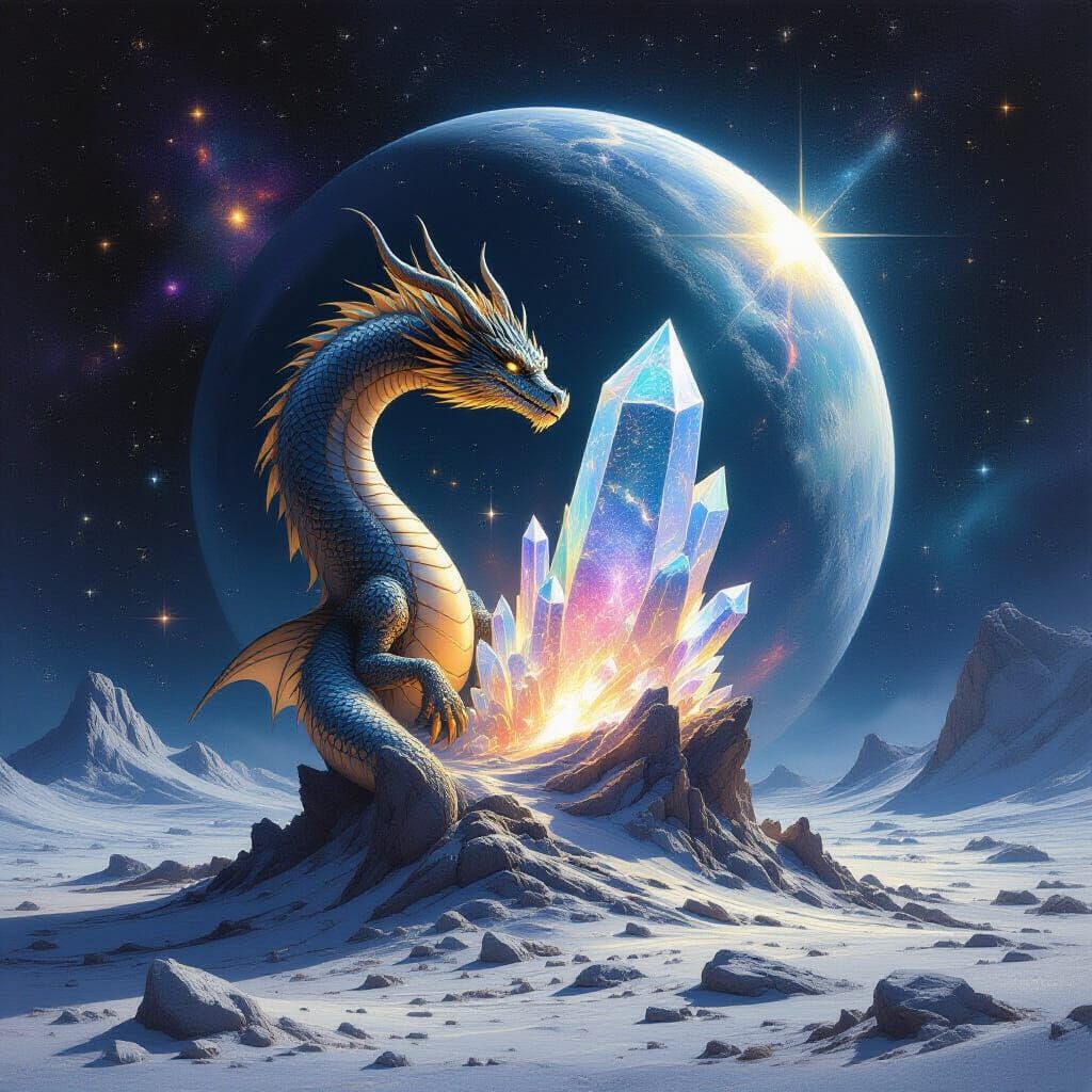 Nebula Dragon Coils Around Cosmic Crystal on Barren Moon