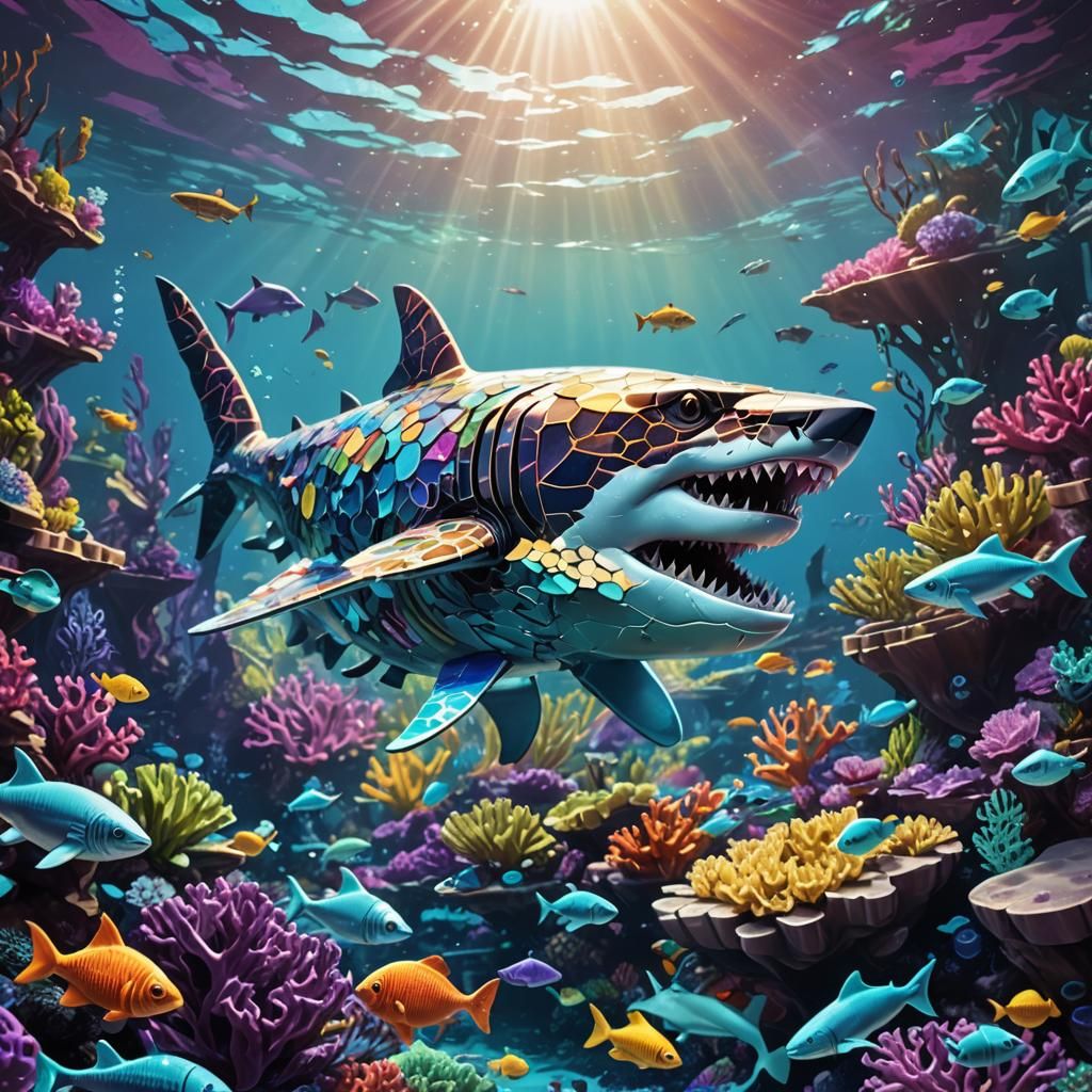 Dog Cat Lego Shark Hybrid in Coral Reef