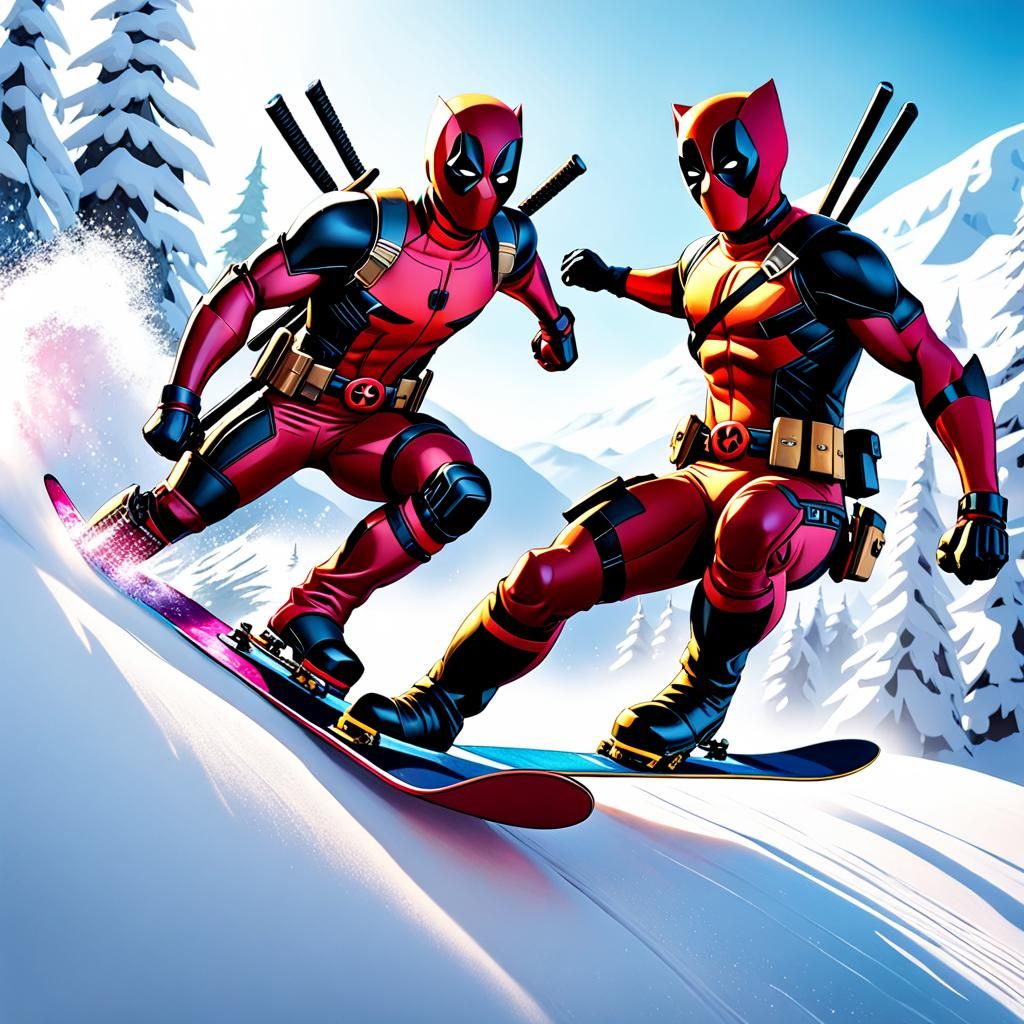 Whimsical “Deadpool and Wolverine” snow boarding down a icy white ski slope, Hyperrealistic, splash art, concept art, in...