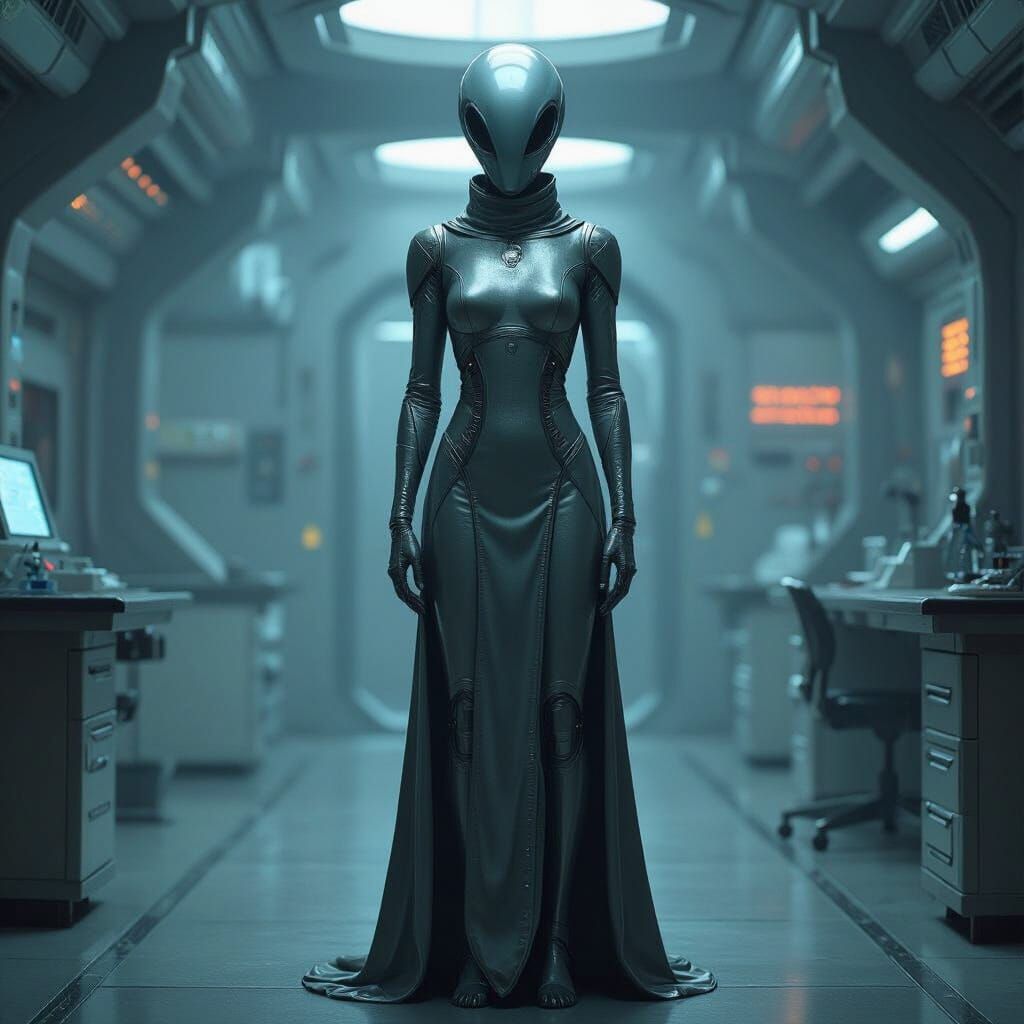 Alien Grey in Futuristic Lab, Retro Sci-Fi Art