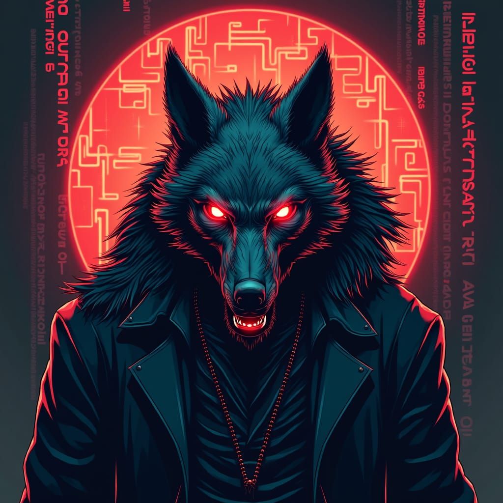 Cyberpunk Cyberwerewolf with Geometric Art Nouveau Elements