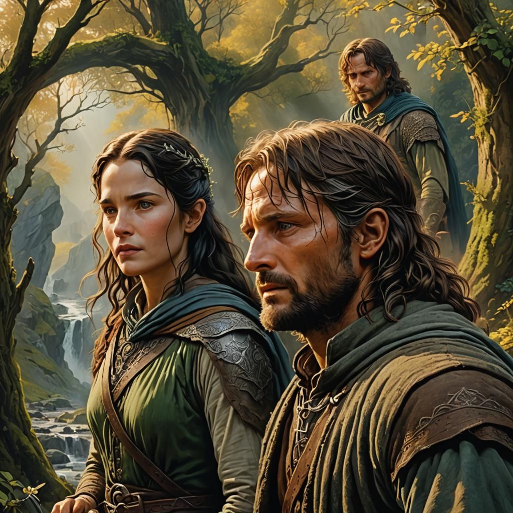 Aragorn and Arwen Help Frodo After Fall