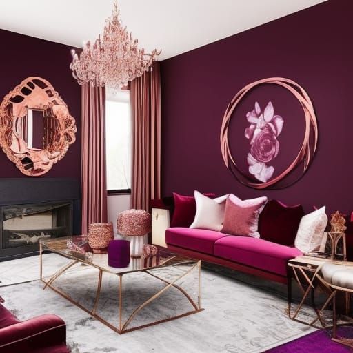Purples& Burgundy colored penthouse with rose gold frames& sliver frames& gold frames& burgundy Furniture& black pillows...
