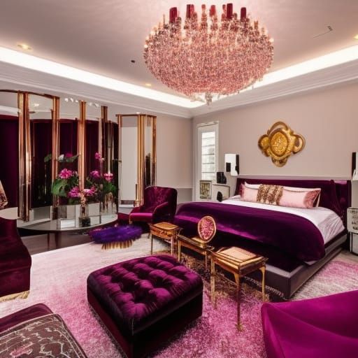Purples& Burgundy colored penthouse with rose gold frames& sliver frames& gold frames& burgundy Furniture& black pillows...