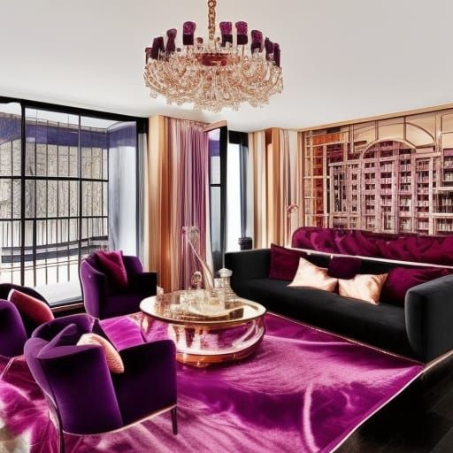 Purples& Burgundy colored penthouse with rose gold frames& sliver frames& gold frames& burgundy Furniture& black pillows...
