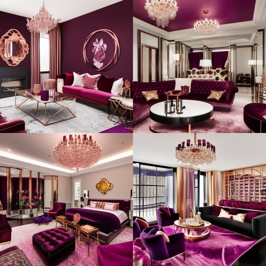 Purples& Burgundy colored penthouse with rose gold frames& sliver frames& gold frames& burgundy Furniture& black pillows...