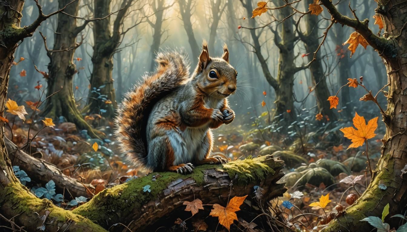 Squirrel in Enchanted Forest, Golden Age Illustration