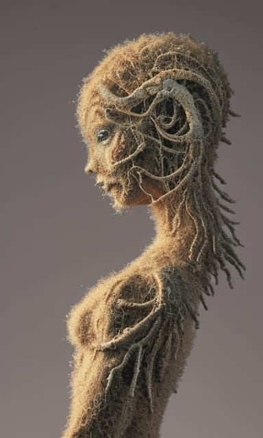 Mycelial Woman in Warped Forest, Detailed Digital Art