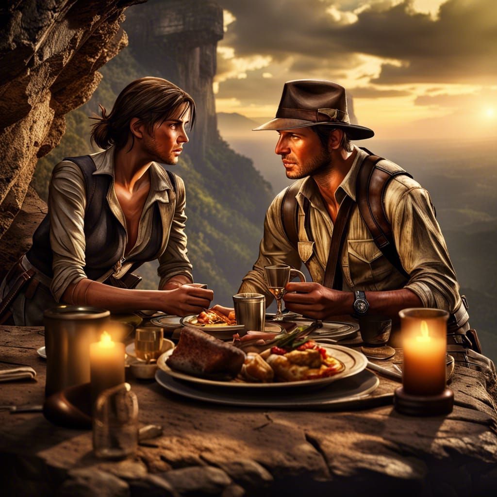 Indiana Jones, Nathan Drake and Lara Croft have dinner on the edge of a cliff and enjoy sharing stories of adventure
