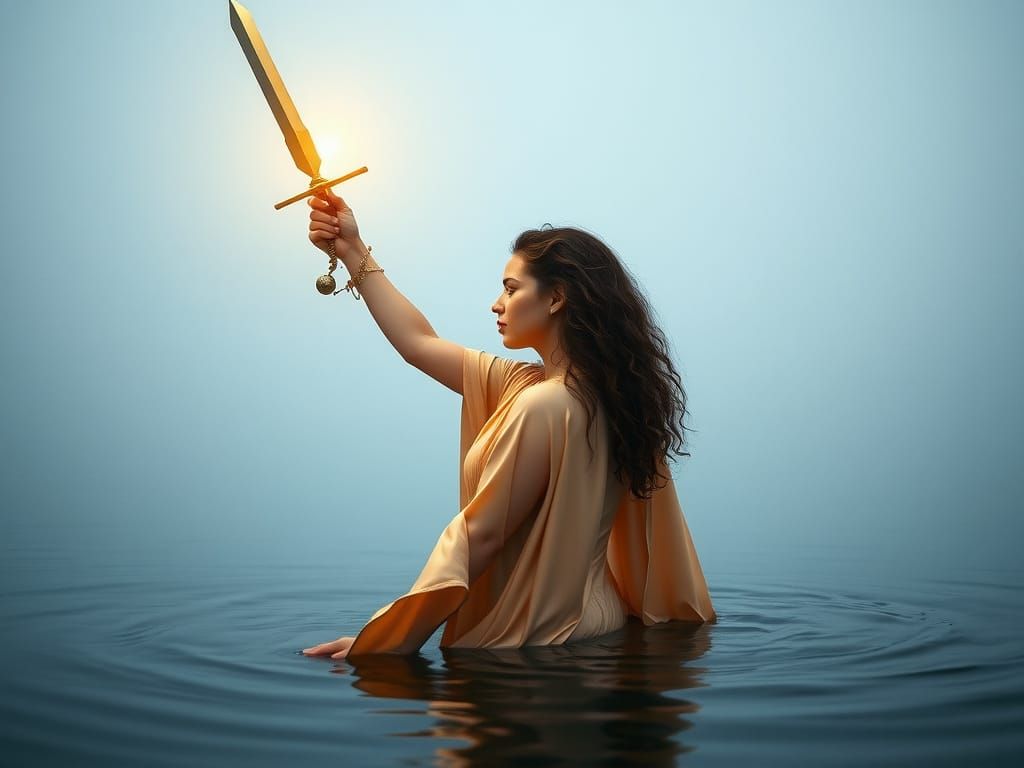 Majestic Lady of the Lake Emerges with Shimmering Excalibur