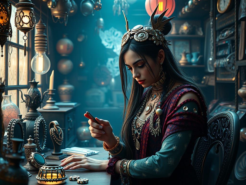 Futuristic Jeweler Designing Jewels in Creative Atelier