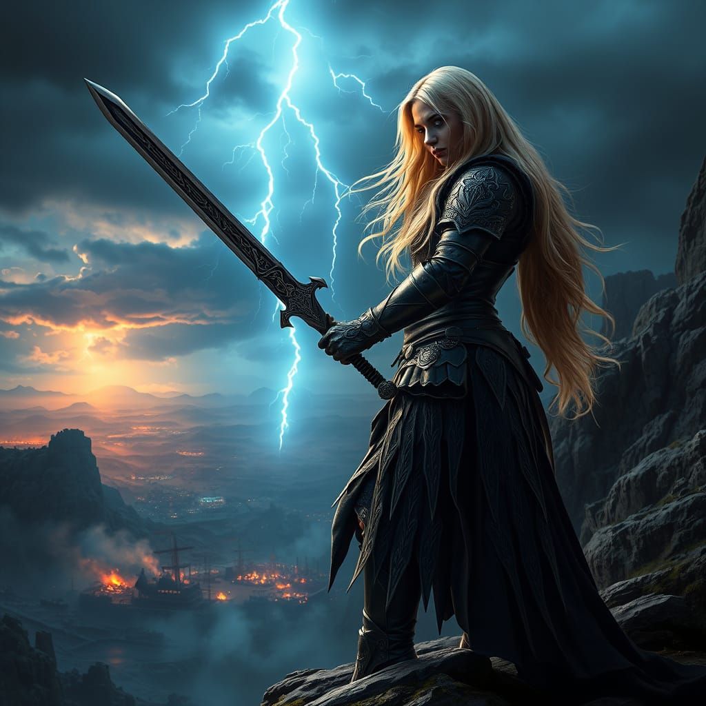 Epic Valkyrie with Runic Sword in Dark Fantasy Style