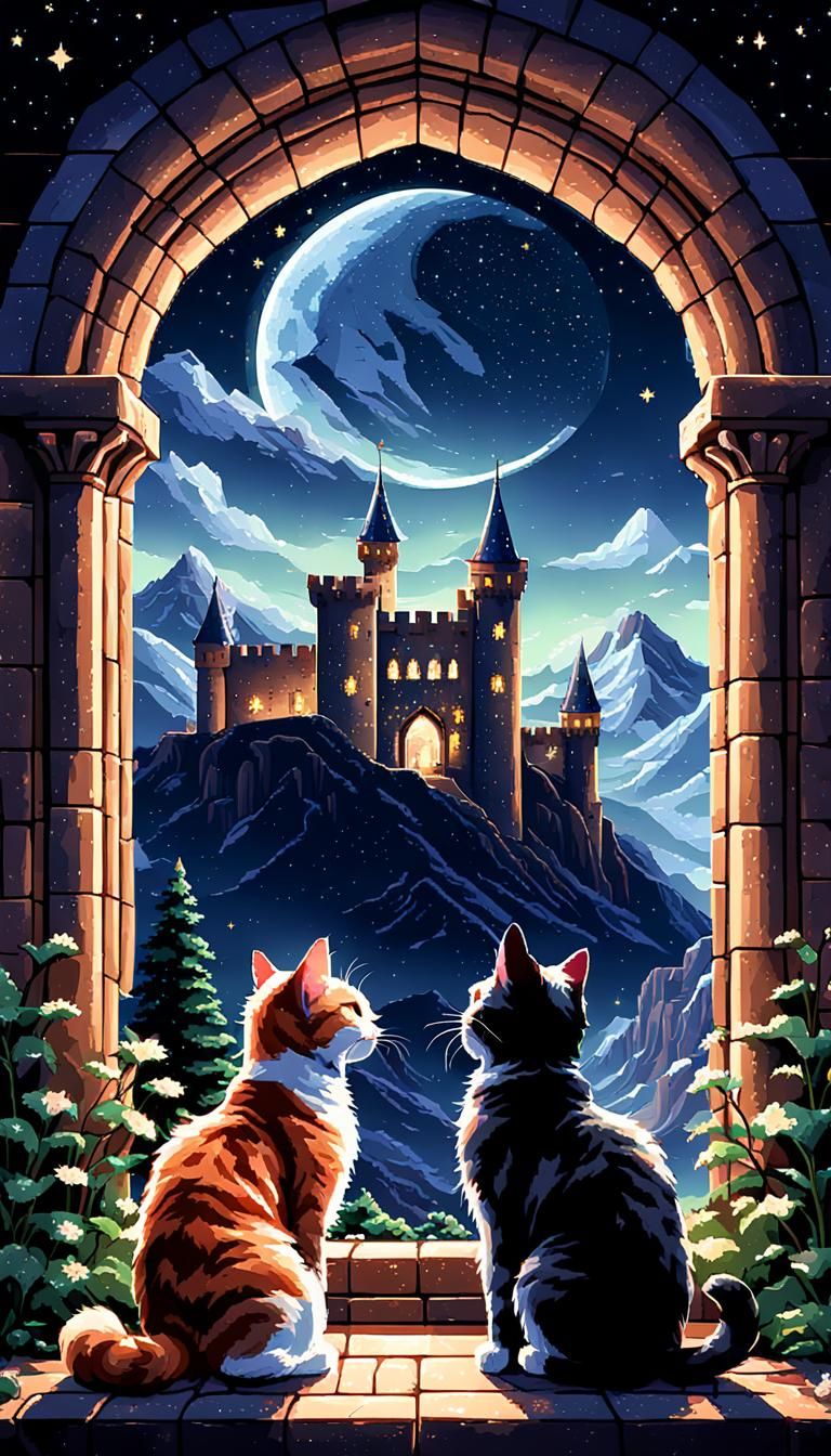 Pixel Art: Two Cats at Castle Window